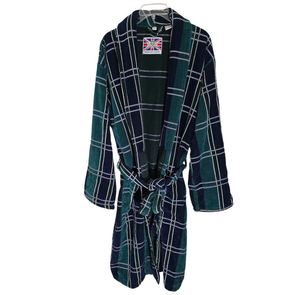 Bown of London Mens Green Navy Blue Plaid Cotton Velour Bathrobe Dressing Gown M